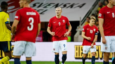 Erling Haaland celebrates after scoring during the Nations League match between Sweden and Norway. AP