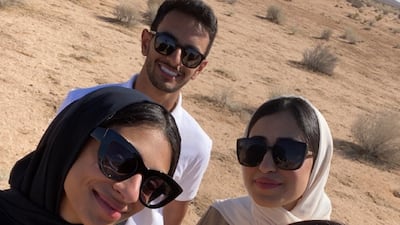 Mr Baslaib, Rawand Al Hashmi, left, Shouq Al Saadi, second right, and Decenture founder Loubna Hadid in the Mojave Desert in California.