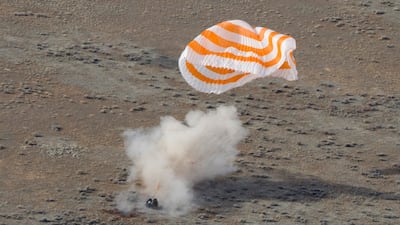 Their Russian Soyuz MS-19 space capsule lands south-east of the town of Zhezkazgan in Kazakhstan. AP