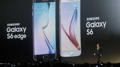 Samsung’s president and chief executive JK Shin walks on stage during the presentation of the Galaxy S6 smartphone. Albert Gea / Reuters