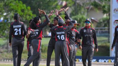 UAE celebrate another wicket in their comprehensive win over Qatar at the ACC Women's T20 Championship in Kuala Lumpur. Courtesy Malaysia Cricket Asssociation
