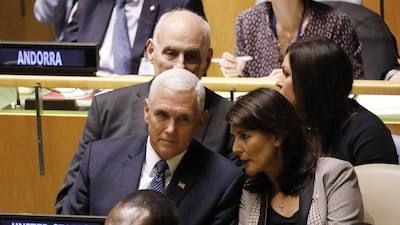(L-R) US Vice President Mike Pence, White House Chief of Staff John Kelly (obscured), US Ambassador to the UN Nikki Haley and White House Press Secretary Sarah Huckabee Sanders, in their seats before US President Donald Trump addresses the General Debate of the General Assembly of the United Nations at United Nations Headquarters. EPA