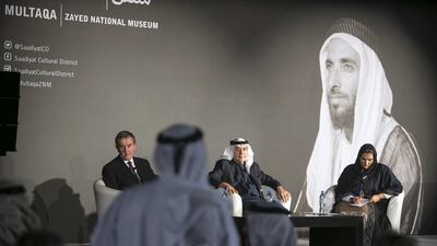 (L to R) Neil Macregor, the Director of British Museum, Zaki Nusseibeh, the Vice Chairman of the Abu Dhabi Authority for Culture and Heritage, and Salama al Shamsi, Project Manager, Zayed National Museum, attend a panel talk "Multaqa, Zayed National Museum' , at the Manarat al Saadiyat gallery in Abu Dhabi. Silvia Razgova / The National