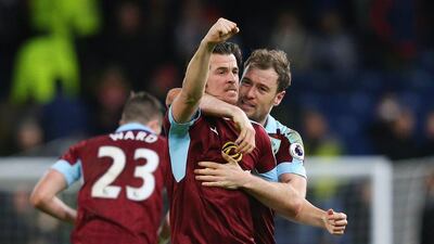 Joey Barton of Burnley, centre, celebrates scoring his side's only goal with teammate Ashley Barnes against Southampton at Turf Moor on January 14, 2017 in Burnley, England. Alex Livesey / Getty Images