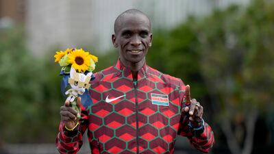 Gold medallst Eliud Kipchoge of Kenya after his marathon win.