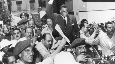 Egyptian president Gamal Abdul Nasser (1918 - 1970 ) arriving back in Cairo from Alexandria following his announcement that he had 'taken over' the Suez Canal Company (Nationalised). Original Publication: People Disc - HH0267 (Photo by Keystone/Getty Images)