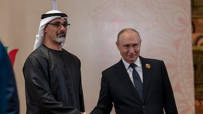 Sheikh Khaled bin Mohamed, Crown Prince of Abu Dhabi, with Mr Putin. The pair discussed the strong strategic relations between the UAE and Russia, on the sidelines of the summit. Photo: Abu Dhabi Media Office