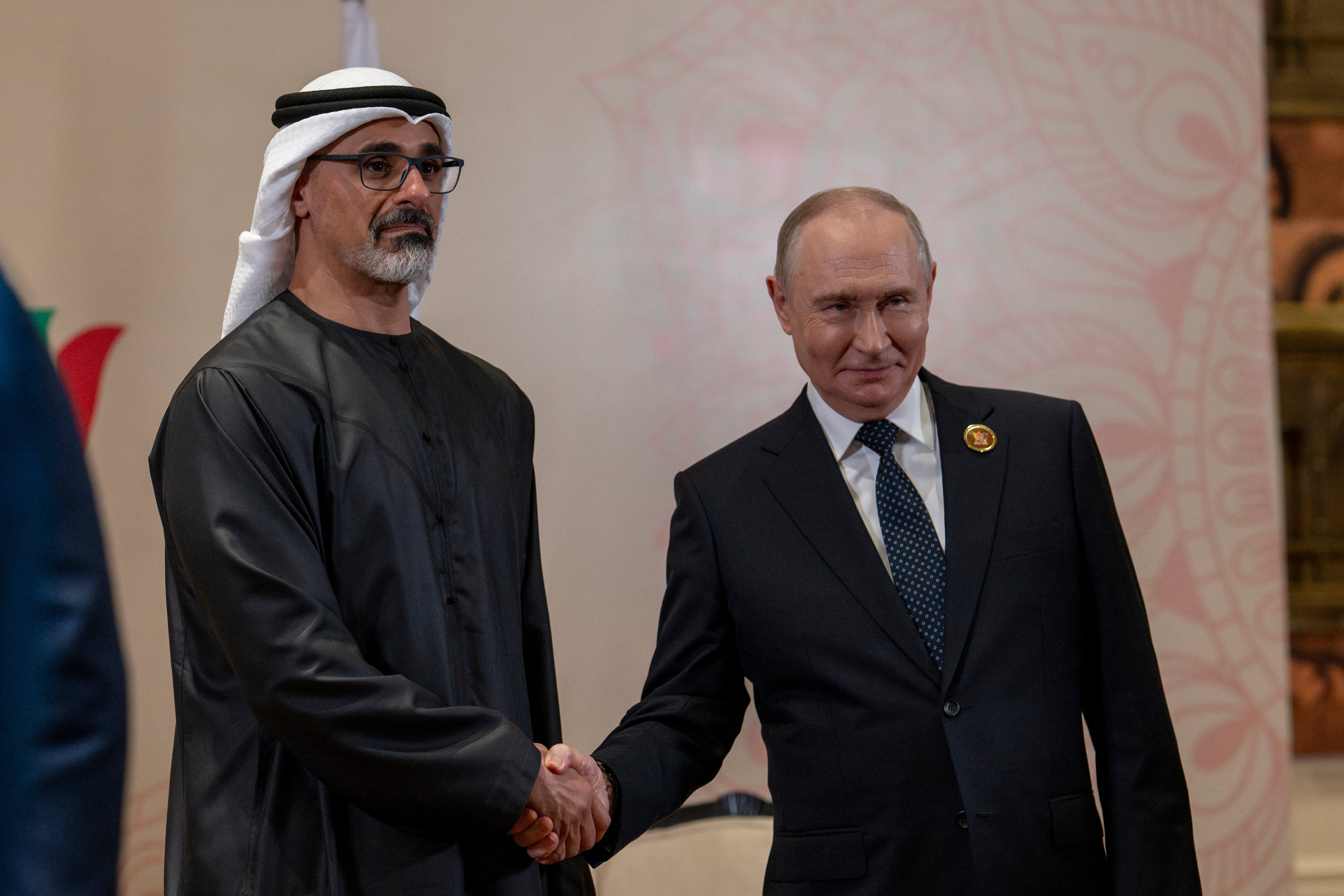 Sheikh Khaled bin Mohamed, Crown Prince of Abu Dhabi, with Mr Putin. The pair discussed the strong strategic relations between the UAE and Russia, on the sidelines of the summit. Photo: Abu Dhabi Media Office