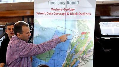 Gibran Bassil, Lebanon's energy minister, points at a map of possible offshore gas reserves. Mohammed Azakir / Reuters