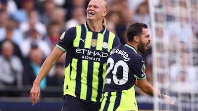 Manchester City's Erling Haaland celebrates after scoring their first goal. Reuters