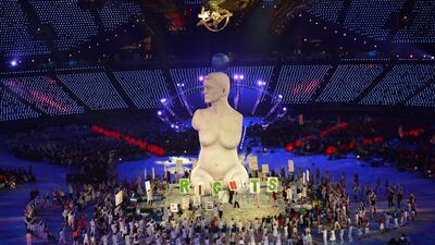A large-scale replica of Marc Quinn's sculpture, 'Alison Lapper Pregnant', emerges from the book stage during the Paralympic opening ceremony. Justin Setterfield/Getty Images