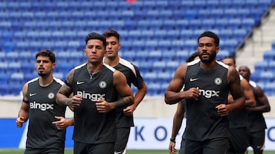 Chelsea's Pedro Neto, Enzo Fernandez and Reece James during training ahead of their Club World Cup final against PSG. Reuters