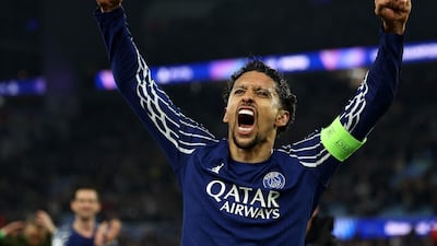 Paris Saint-Germain's Brazilian defender Marquinhos celebrates after the second leg against Aston Villa as PSG advanced 5-3 on aggregate. AFP