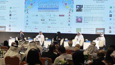 From left, Fadi Salem, director of the Governance and Innovation Programme at Mohammed Bin Rashid School of Government, Dr Saeed Al Dhaheri, researcher, Asma Al Janahi, section head, Watani, Mohammed Al Marzooqi, columnist with Emarat Al Youm, and Omar Al Hamadi, columnist and radio presenter, Sharjah Radio, at a social media forum in Dubai. Jeffrey E Biteng / The National