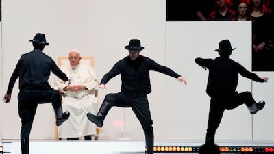 Pope Francis watches dancers at the Laszlo Papp Budapest Sports Arena in the Hungarian capital. AP