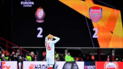 Standard Liege 's goalkeeper Arnaud Bodart reacts at the end of the Europa League match against Arsenal. AFP