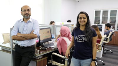 Vaibhav Doshi, founder and chief executive of online rental platform RentSher Middle East, with his wife and co-founder Purvashi Doshi at their office in Jumeirah Lakes Towers. Pawan Singh / The National