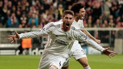 Sergio Ramos of Real Madrid celebrates scoring the first goal against Bayern Munich in their Champions League semi-final second leg clash on Tuesday night. Adam Pretty / Bongarts / Getty Images / April 29, 2014