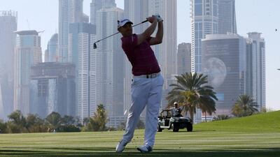 Defending champion Stephen Gallacher in action during the second round of the Omega Dubai Desert Classic. Karim Sahib / AFP