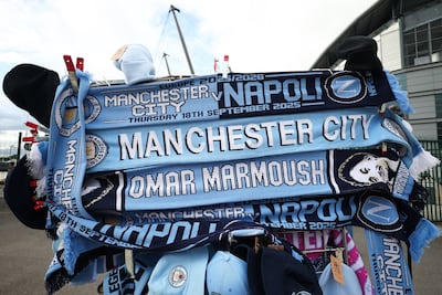Scarves on sale outside the Etihad Stadium before a Champions League match between Manchester City and Napoli in Manchester on September 18, 2025. Both sides - the Premier League and Manchester City - as well as the broader football world will want this matter resolved. EPA