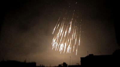 What appears to be white phosphorus incendiaries over Douma during regime bombardment of what was one of the few remaining rebel-held pockets in Eastern Ghouta. AFP, file