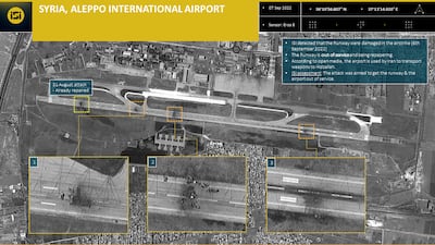 A satellite image shows damage to the runway after strikes on Aleppo airport in northern Syria on September 6, 2022. AFP