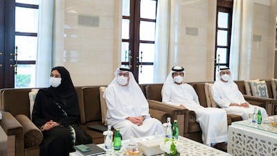 Sheikh Mohammed bin Hamad bin Tahnoun, adviser for special affairs at the Presidential Court, far right, with, from left, Hessa Buhumaid, Minister of Community Development; Abdulrahman Al Awar, Minister of Human Resources and Emiratisation; and Abdulla bin Touq, Minister of Economy, at the signing.