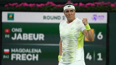 Ons Jabeur celebrates her win against Magdalena French at the Indian Wells Masters. AP