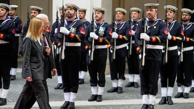 Mr Abbas with Ms Meloni at Palazzo Chigi in Rome. AP Photo