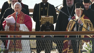 Pope Leo XIV and Bartholomew I, the spiritual leader of Eastern Orthodox Christians, lead an ecumenical prayer service near the ruins of the Basilica of Saint Neophytos, in Iznik, western Turkey. AP Photo