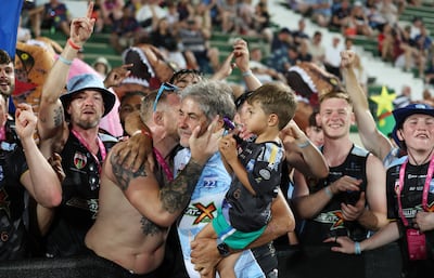 Orlando Speranza celebrates at the Dubai Sevens. Chris Whiteoak / The National