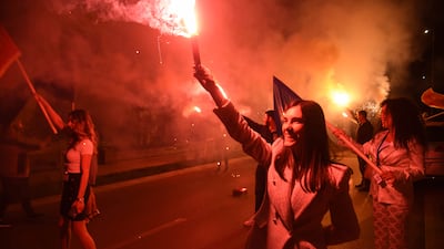 Supporters of Jakov Milatovic celebrate after the early results of the second round of the presidential elections in Podgorica, Montenegro. EPA