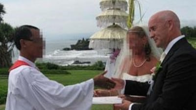 Ian Bruce Simm on his wedding day in Bali in 2006. He is accused of swindling several people.