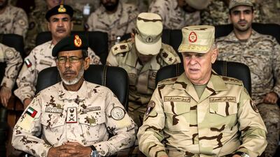 Egyptian army Chief of Staff Mohamed Farid and his Emirati counterpart Hamad Mohammed Al Rumaithi attend the Arab Shield military exercises. AFP