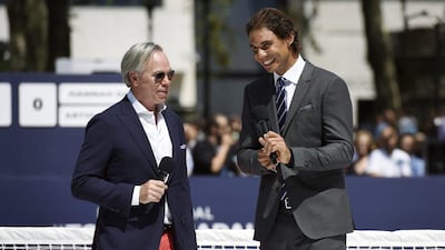 Rafael Nadal speaks with designer Tommy Hilfiger at a promotional tennis event in New York City on Tuesday. Justin Lane / EPA