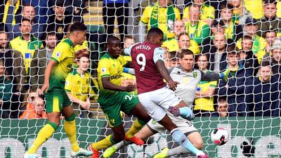 Aston Villa's Wesley scores his side's first goal. PA via AP