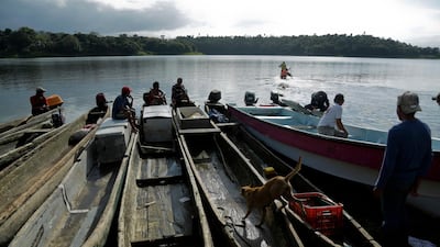 Fishing canoes are tied together at a dock on Lake Bayano. AP