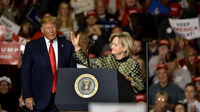 U.S. Senator Cindy Hyde-Smith (R-MS) speaks alongside President Donald Trump during a "Keep America Great" campaign rally at BancorpSouth Arena in Tupelo, Mississippi. Trump is campaigning in Mississippi ahead of a state gubernatorial election where Republican Tate Reeves is in a close race with Democrat Jim Hood. AFP
