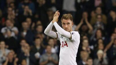 Tottenham’s Christian Eriksen applauds fans during the League Cup third round win. Neil Hall / Reuters