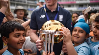 Eoin Morgan, Captain, shows off the World Cup trophy during the England ICC World Cup Victory Celebration at The Kia Oval in London, England. Getty Images