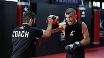 PFL fighter Mohammad Yahya trains for his upcoming fight against Mehdi Saadi. With head coach Azamat Gashimov. TKMMAFITNESS, Dubai. Chris Whiteoak / The National