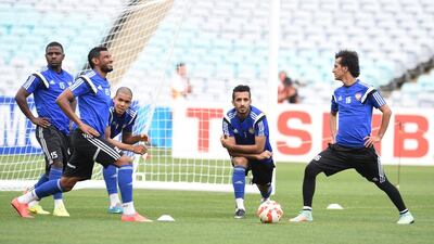Mohammed Abdulrahman, right, trains with UAE teammates on Thursday. Photo Courtesy / UAE FA