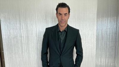 Sacha Baron Cohen was styled by Ilaria Urbinati and wore all-black custom Dolce and Gabanna to attend the 78th annual Golden Globe Awards from home on February 28, 2021. Instagram / Ilaria Urbinati