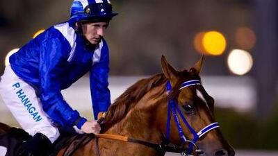 Abu Dhabi, United Arab Emirates, December 16, 2012: Paul Hanagan atop Aqmaar after riding to victory during the Nez D'or Handicap at the Abu Dhabi Equestrian Club in Abu Dhabi on December 16, 2012. Christopher Pike / The National