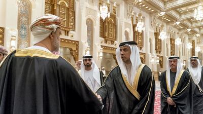Sheikh Mansour bin Zayed, Deputy Prime Minister and Minister of Presidential Affairs, offers condolences to Sultan Haitham bin Tariq. Seen with Sheikh Sultan bin Hamdan and Maj Gen Sheikh Khaled bin Mohamed. Rashed Al Mansoori / Ministry of Presidential Affairs