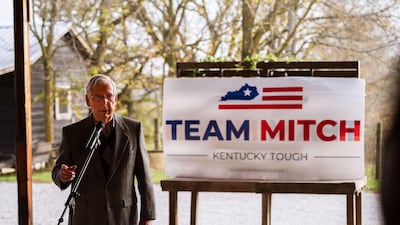 Senate Majority Leader Sen. Mitch McConnell stands and speaks to the press and his supporters during a campaign stop in Smithfield, Kentucky. AFP