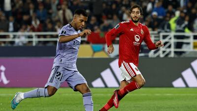 Real Madrid's Brazilian forward Rodrygo shoots to score his team's third goal. AFP