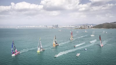 The fleet race during the in-port race in Sanya yesterday. The Volvo Ocean Race yachts depart China for New Zealand on Leg 4 today. Ainhoa Sanchez / Volvo Ocean Race / Getty Images