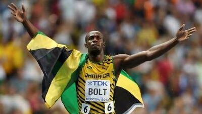 Usain Bolt of Jamaica celebrates in Moscow.