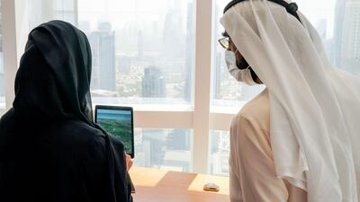 Sheikh Mohammed bin Rashid, Vice President and Ruler of Dubai, meets representatives from Marshal Intech, developers of the Ghalib satellite. Courtesy: Dubai Media Office